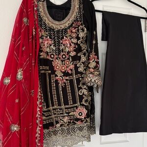 Chic Black and Gold Embroidered Ensemble with Red Dupatta Indian suit Punjabi